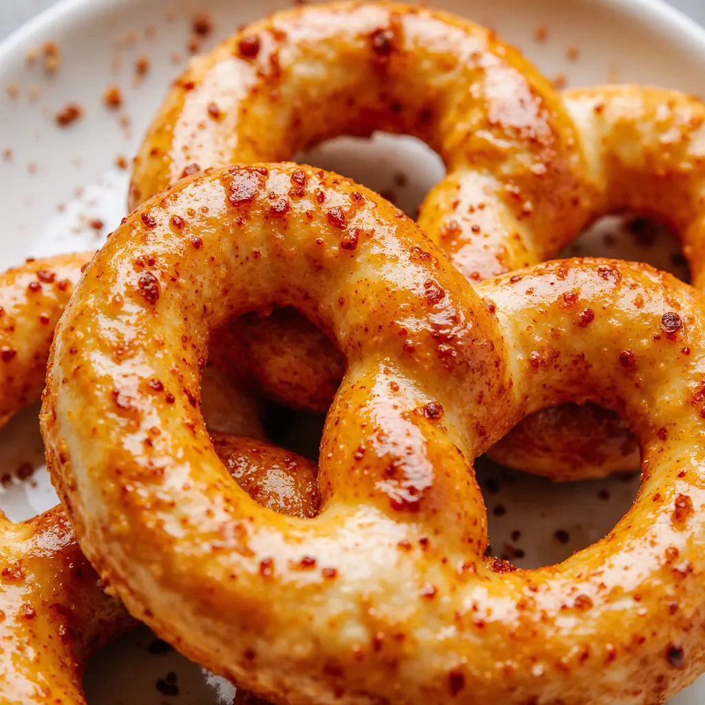 Close-up on spicy pretzel twists being seasoned and tossed, macro detail.