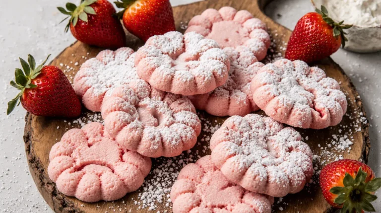 Freshly baked Australian strawberry sugar cookies with sugar-crusted tops on wooden board