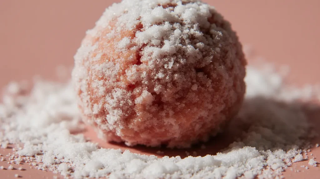 Strawberry Sugar Cookies Recipe 3 Close-up view of strawberry sugar cookies dough being rolled in raw sugar crystals