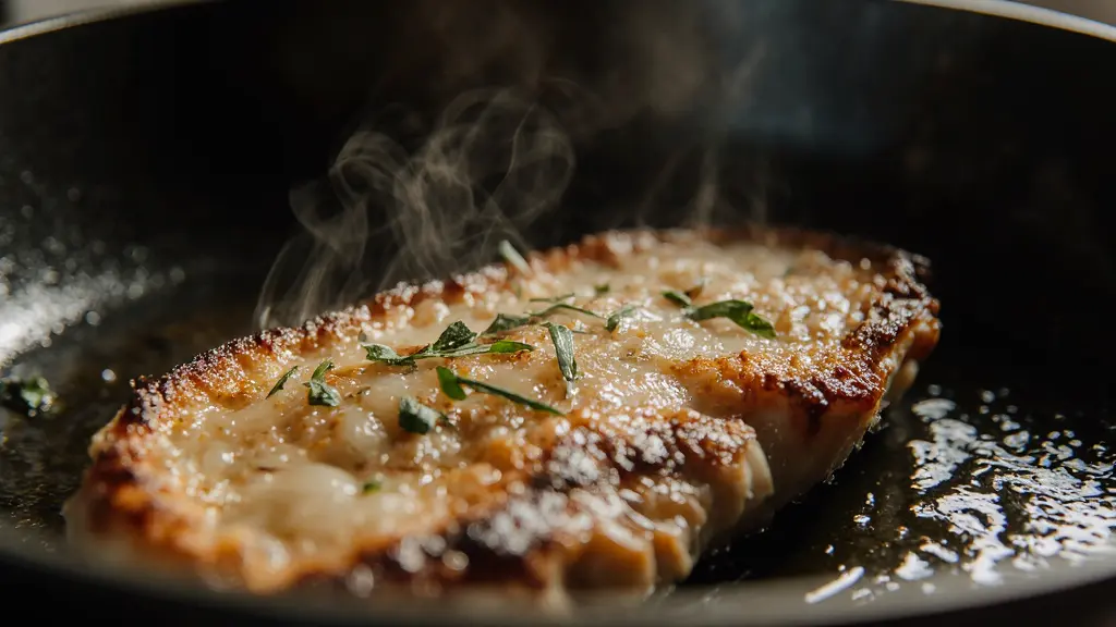 Close-up view of Toasted Chicken Frontega cooking technique with golden crust forming