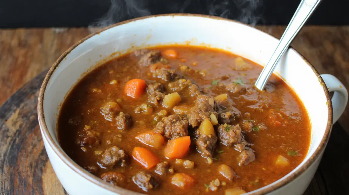 Hearty homemade ground beef vegetable soup recipe in a white ceramic bowl