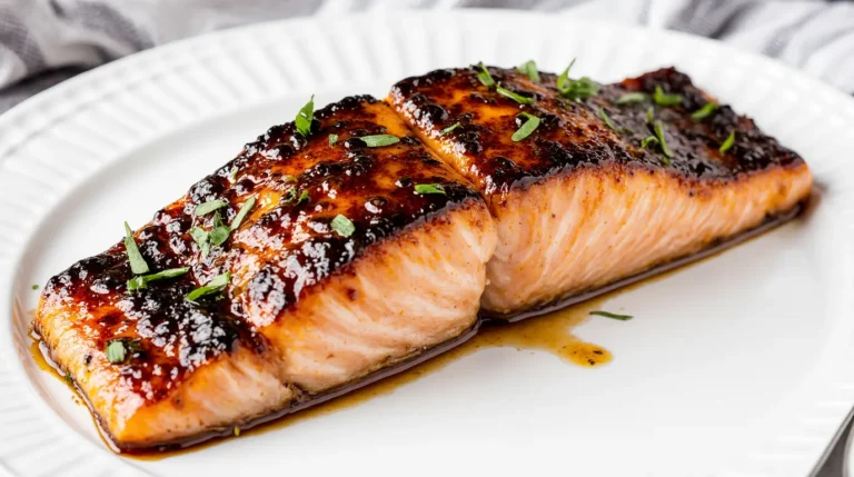 A natural hero shot of the finished yuzu glazed salmon plated simply, highlighting its glossy, caramelised glaze and flaky texture.