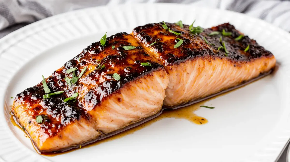 A natural hero shot of the finished yuzu glazed salmon plated simply, highlighting its glossy, caramelised glaze and flaky texture.