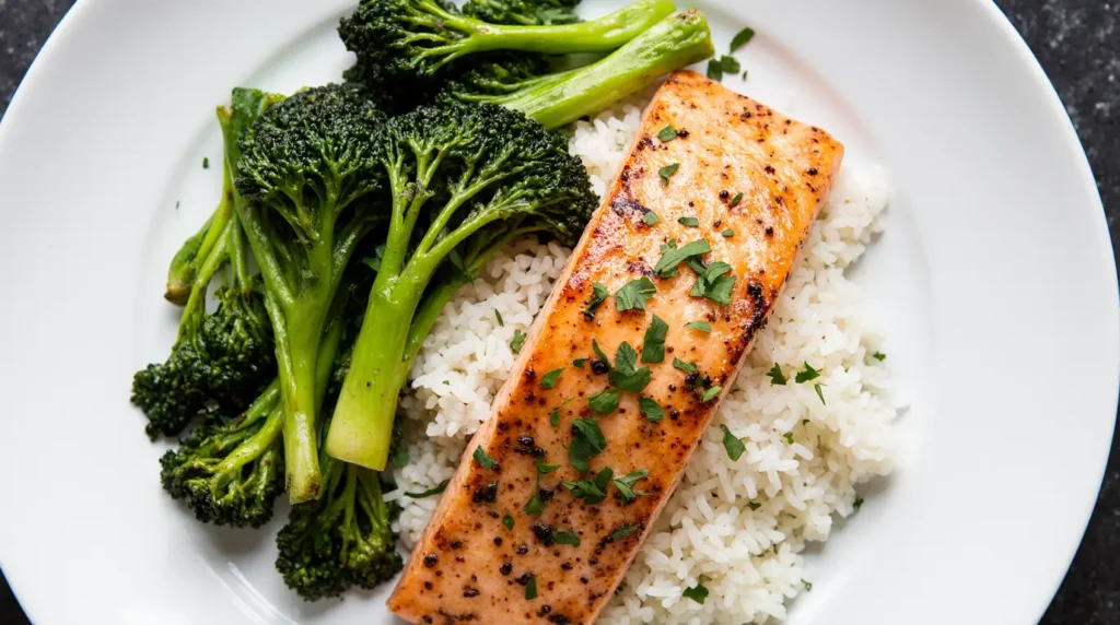 Final plated Yuzu Glazed Salmon recipe with rice and bok choy