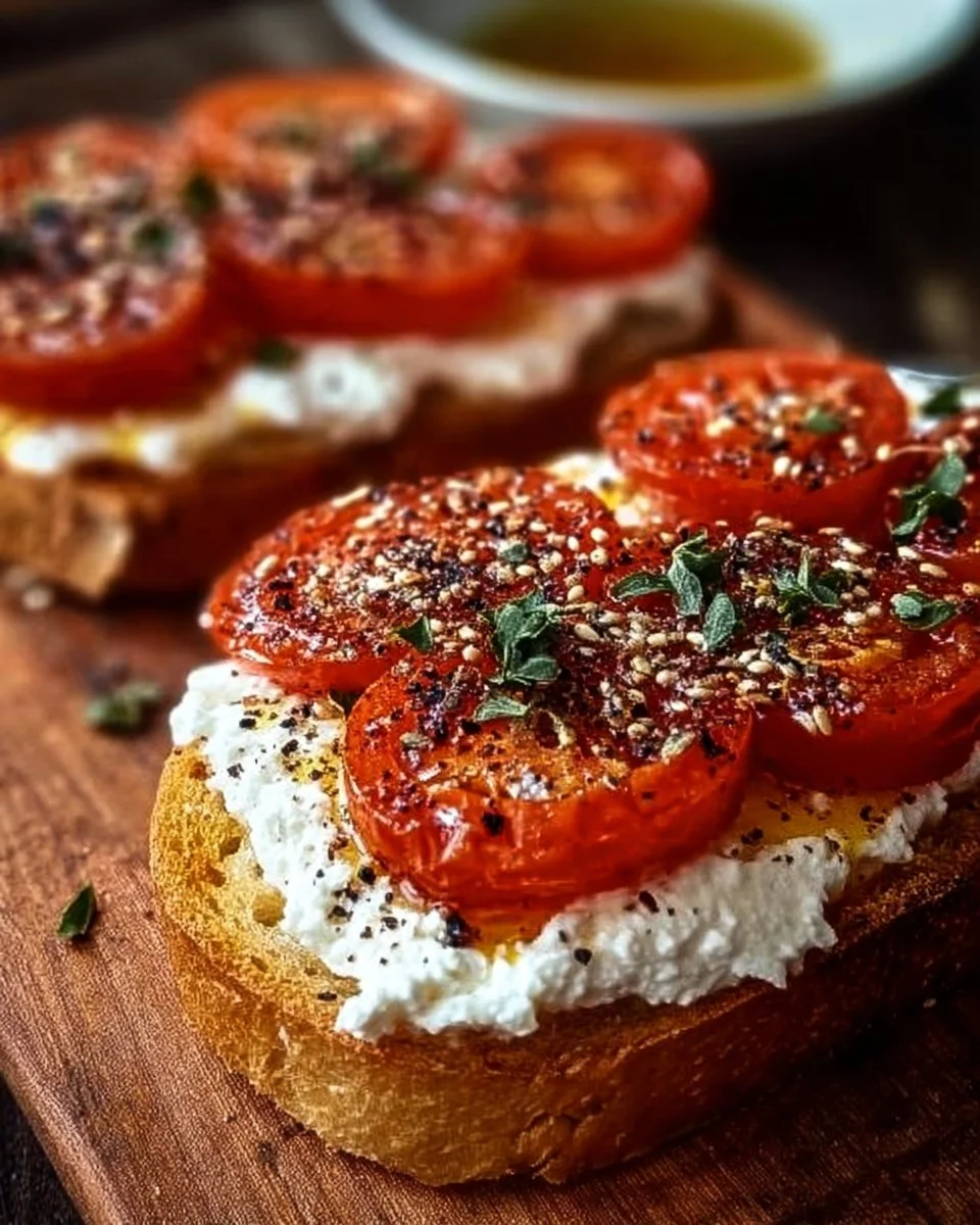 5-ingredient ricotta and tomato sourdough toast garnished with fresh herbs