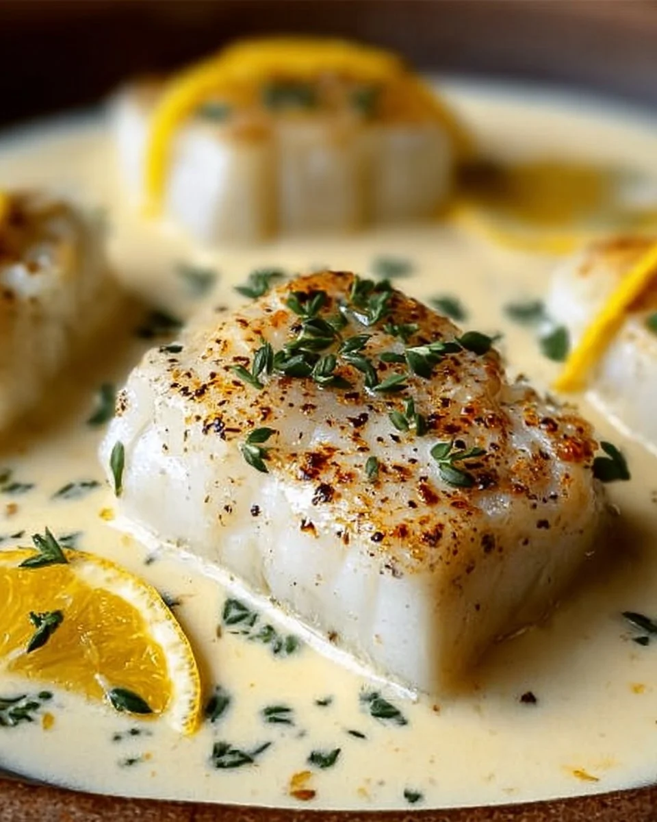 Baked cod in coconut lemon cream sauce served on a plate