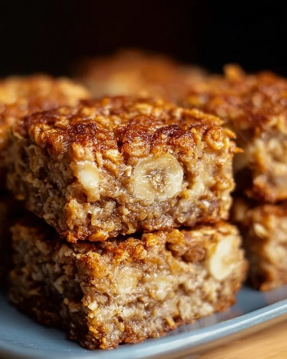 Homemade Banana Oatmeal Bars stacked on a plate with ripe bananas and oats