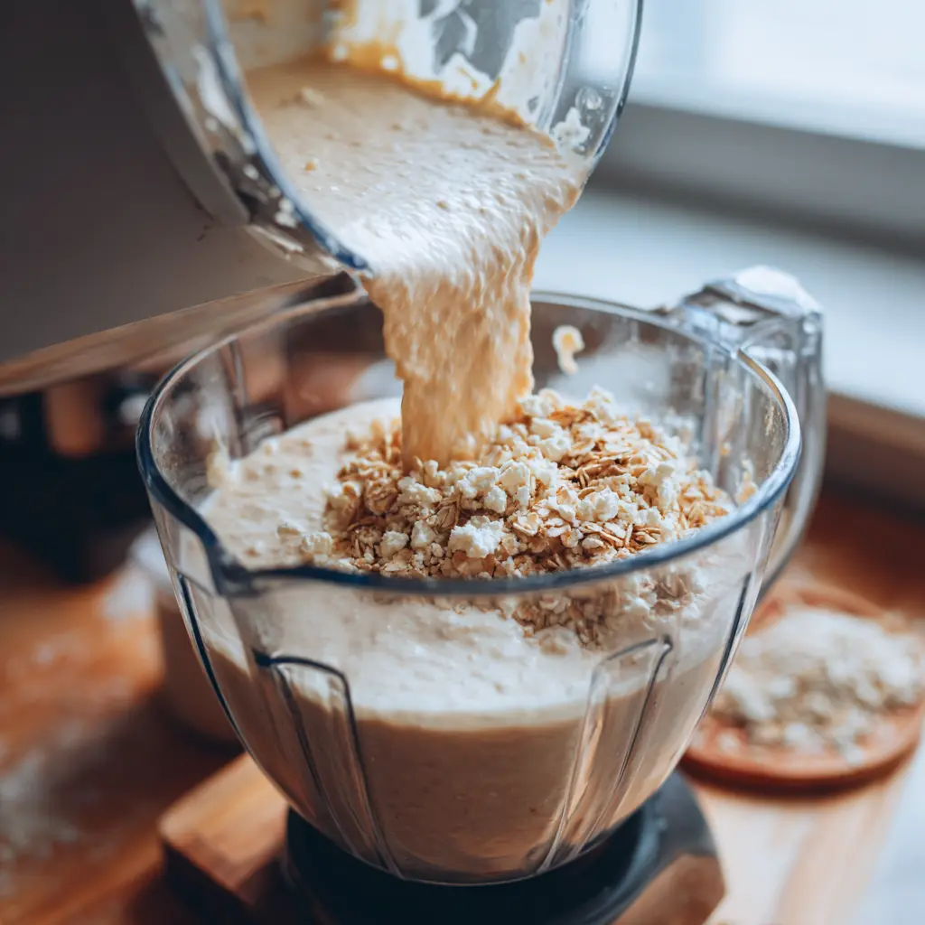 Smooth protein waffle batter in high-speed blender – protein waffle recipe preparation