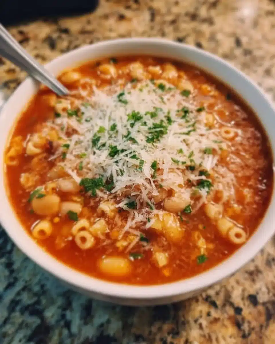 Bowl of delicious Pasta Fagioli Soup garnished with herbs