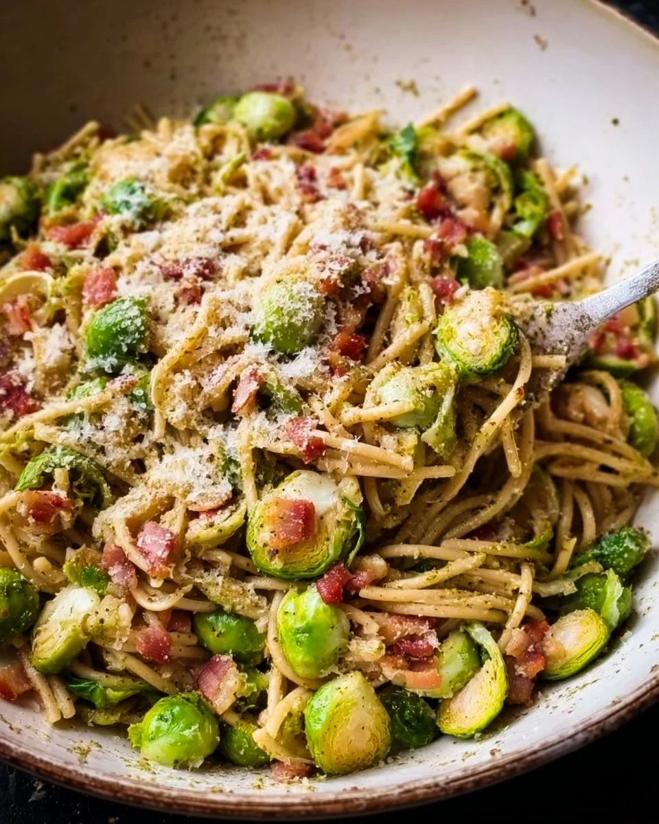 Brussels sprouts and bacon pesto pasta served in a bowl with fresh basil.