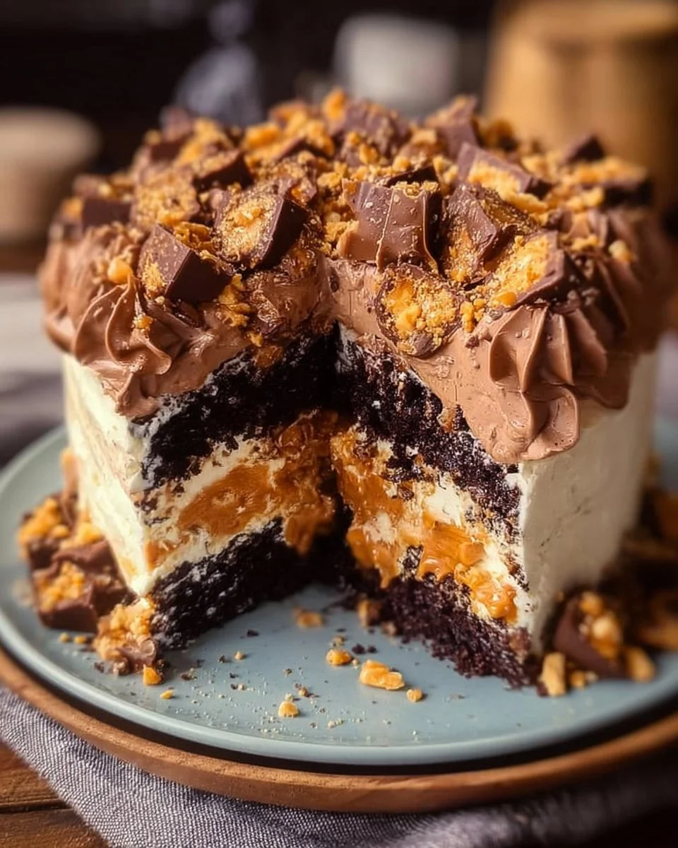 Delicious Butterfinger Bomb Cake topped with chocolate and crushed Butterfinger candy.