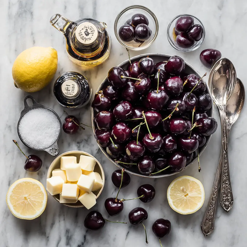 Cherry jubilee recipe ingredients including fresh cherries, butter, and Kirsch