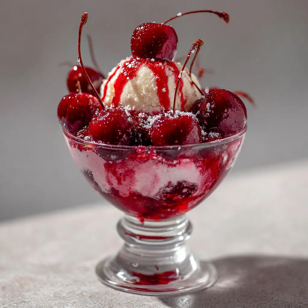 Cherry jubilee recipe with flaming cherries over vanilla ice cream