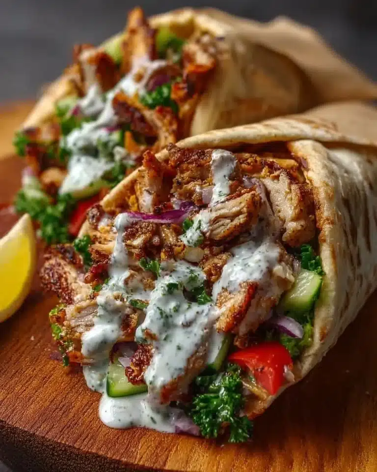 Delicious Chicken Shawarma wrapped in pita with fresh vegetables and sauces