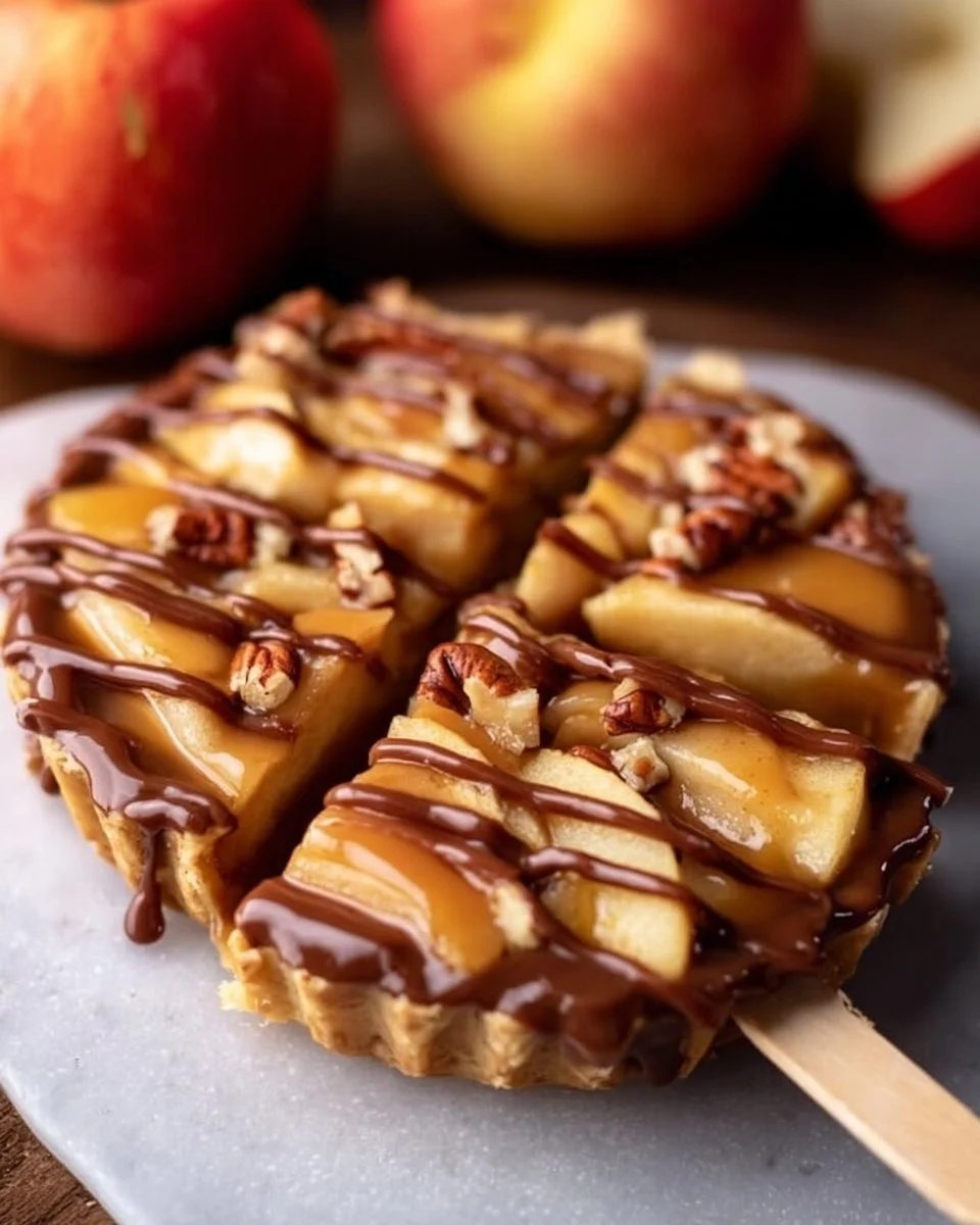 Chocolate turtle apple slices topped with caramel and nuts