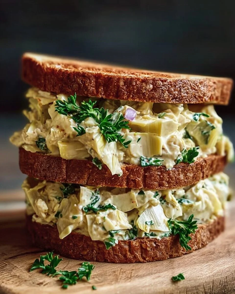 Chopped artichoke salad sandwich with fresh ingredients and dressing