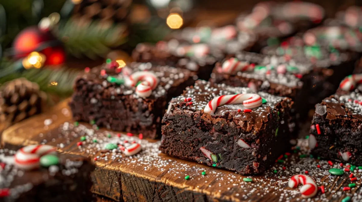Christmas brownie recipe – fudgy chocolate brownies topped with festive sprinkles and candy canes on a holiday table