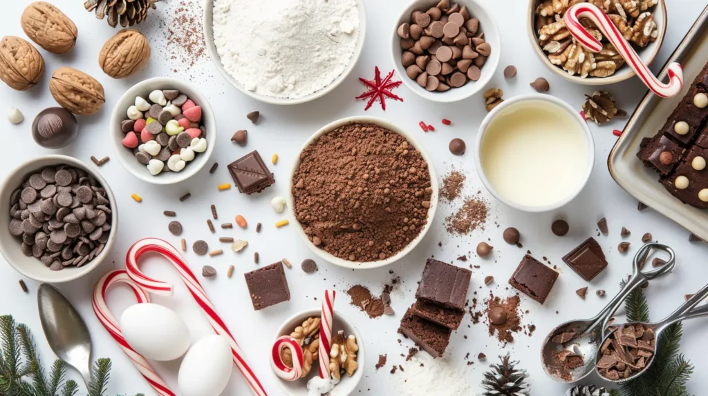 Christmas brownie recipe ingredients flat-lay with festive decorations