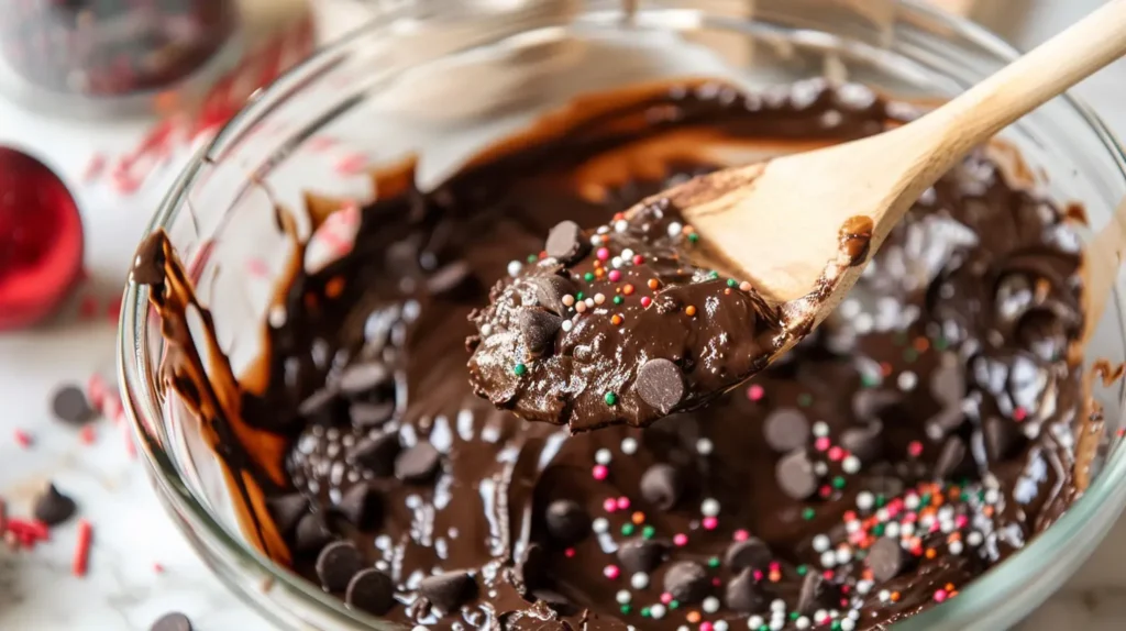 Mixing glossy chocolate brownie batter with chips and sprinkles for Christmas brownie Recipe