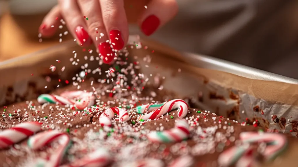 Close-up of holiday toppings being added to Christmas brownie recipe batter