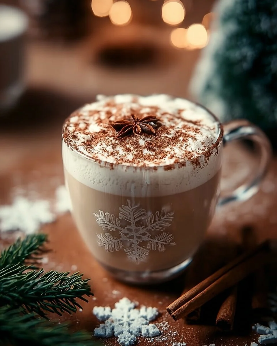 A steaming cup of Christmas Chai Latte with festive decorations.