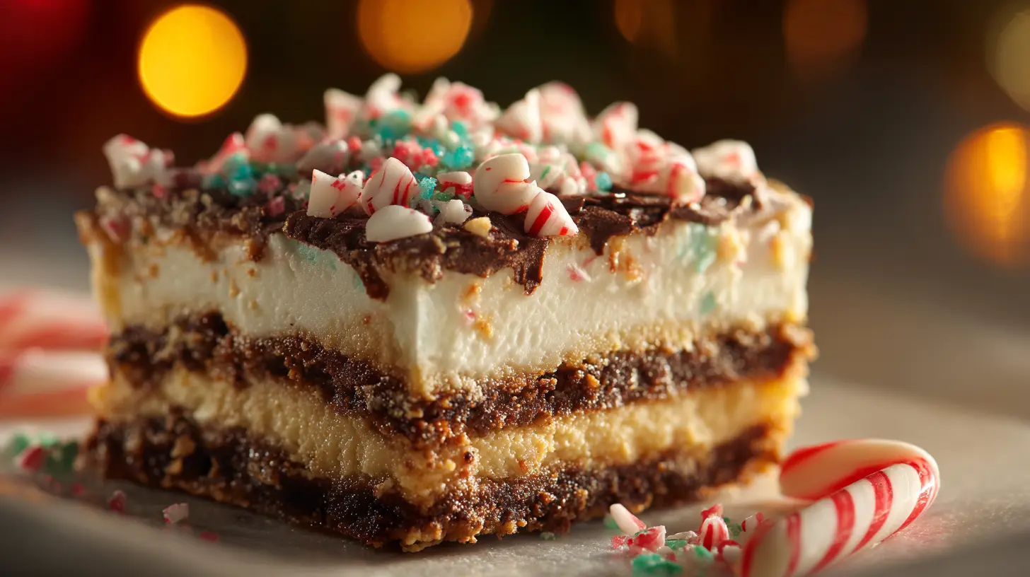 Christmas Cookie Lasagna on decorated with candles and pine branches
