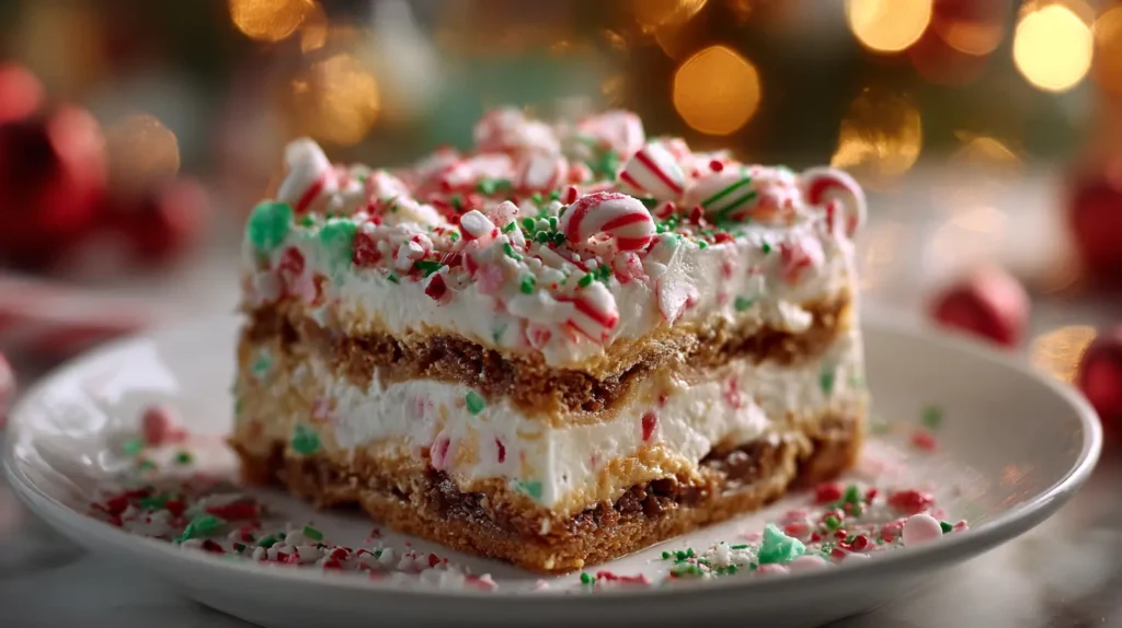 Finished Christmas Cookie Lasagna on decorated holiday table