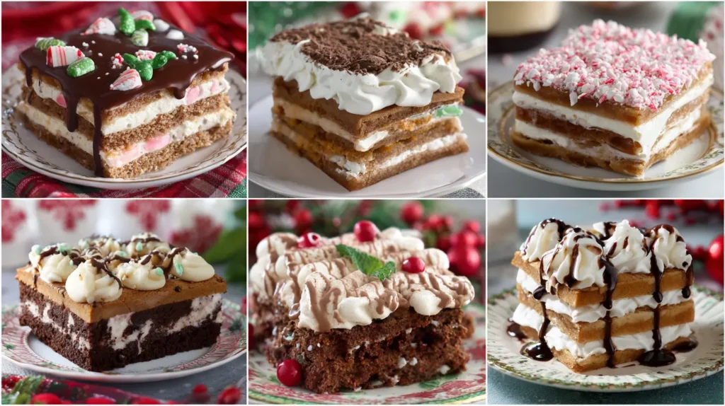 Collage of Christmas Cookie Lasagna dessert variations with peppermint, gingerbread, and chocolate cookie layers
