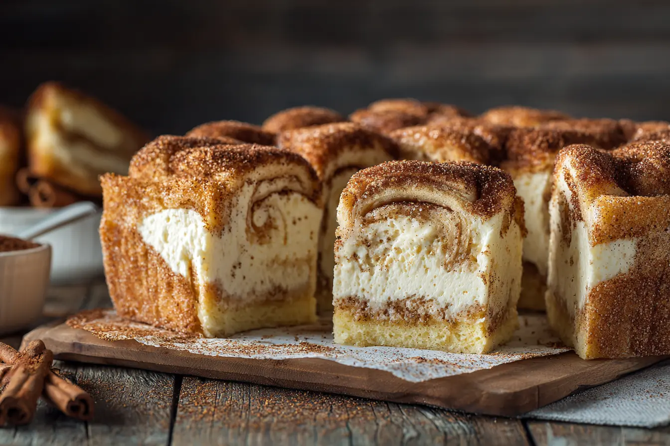 Whole churro cheesecake recipe sliced to reveal creamy layers and cinnamon-sugar crust