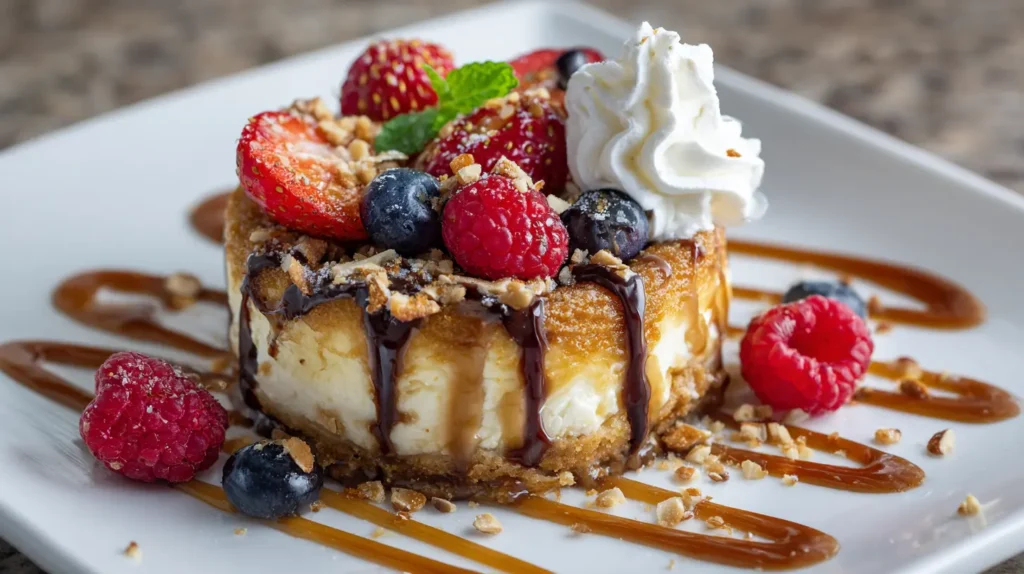 Churro cheesecake recipe with various topping options and serving ideas