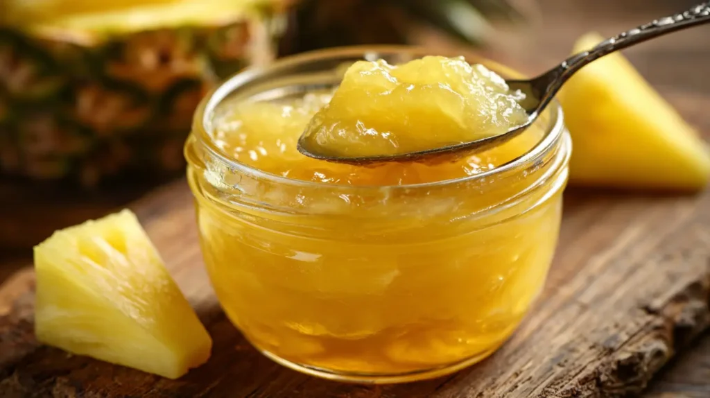 Close-up of glossy Pineapple Jam Recipe on a spoon