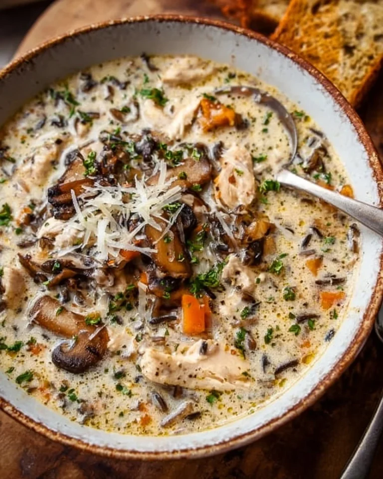 Bowl of creamy mushroom chicken soup with wild rice garnished with herbs