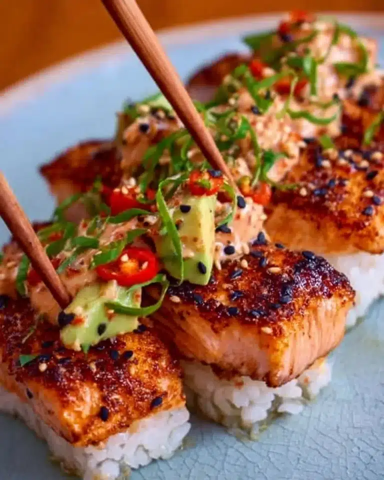 Plate of crispy rice salmon topped with avocado and sesame seeds