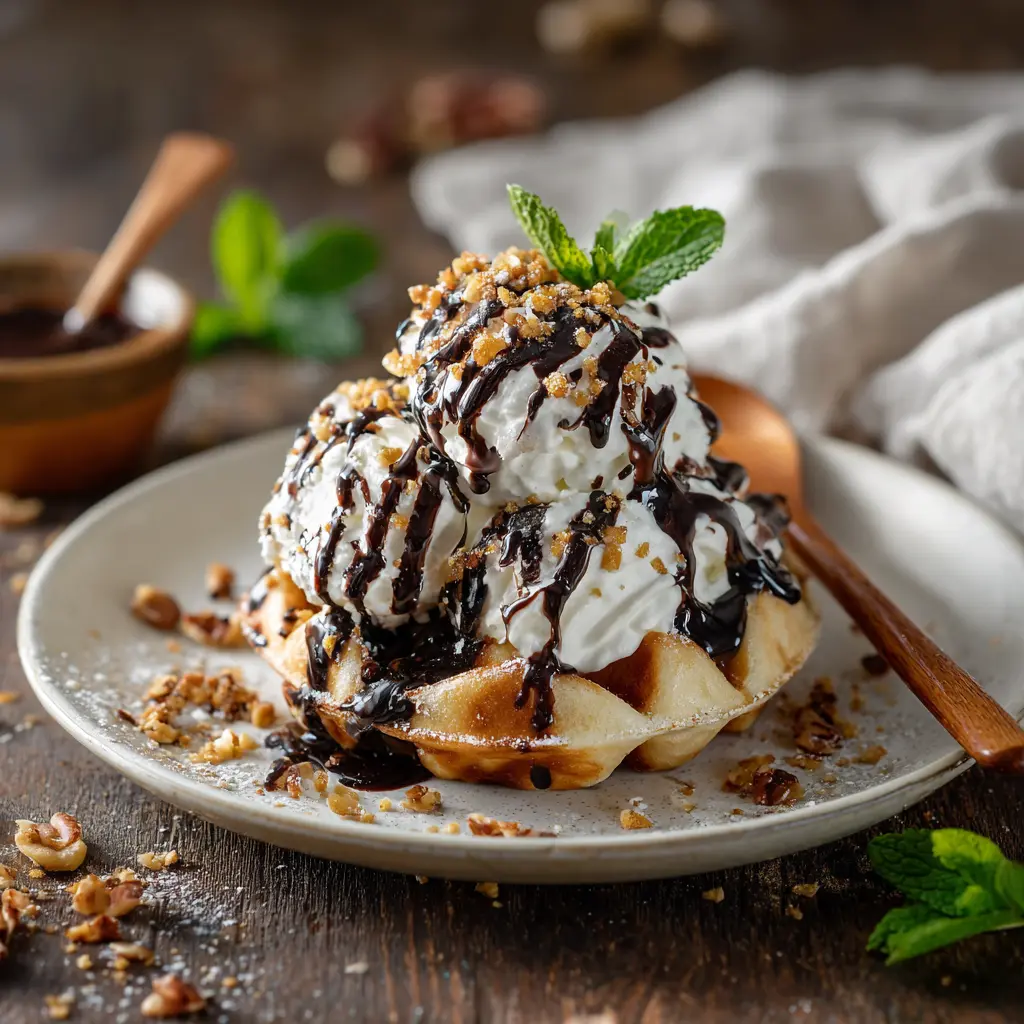 Indulgent protein waffle sundae with whipped cream, chocolate sauce, and crushed nuts – high protein dessert breakfast