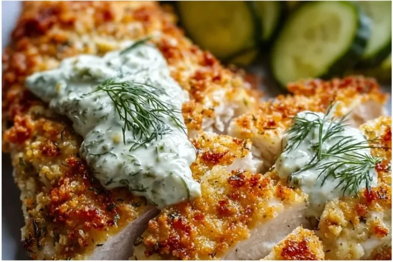 Juicy Dill Pickle Parmesan Chicken garnished with fresh herbs