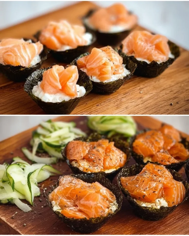 Easy baked salmon sushi cups served on a plate with garnishes