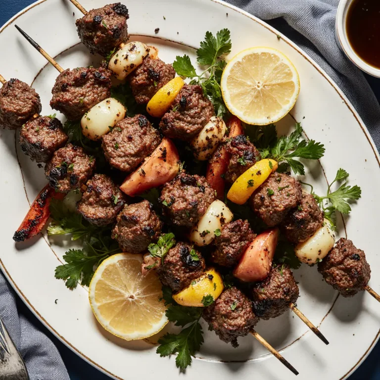 BBQ Beef Skewers Recipe grilled on white plate