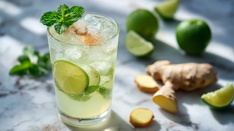 Brazilian Mounjaro recipe drink with lime, ginger, and mint on marble