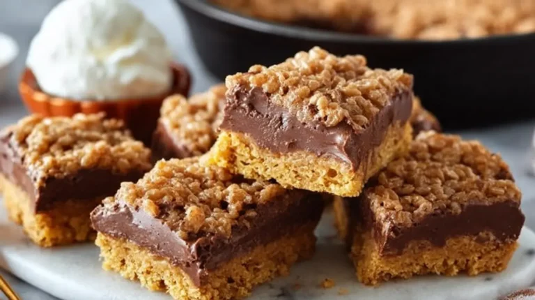 Perfectly sliced chocolate peanut butter rice krispie treats with chocolate topping