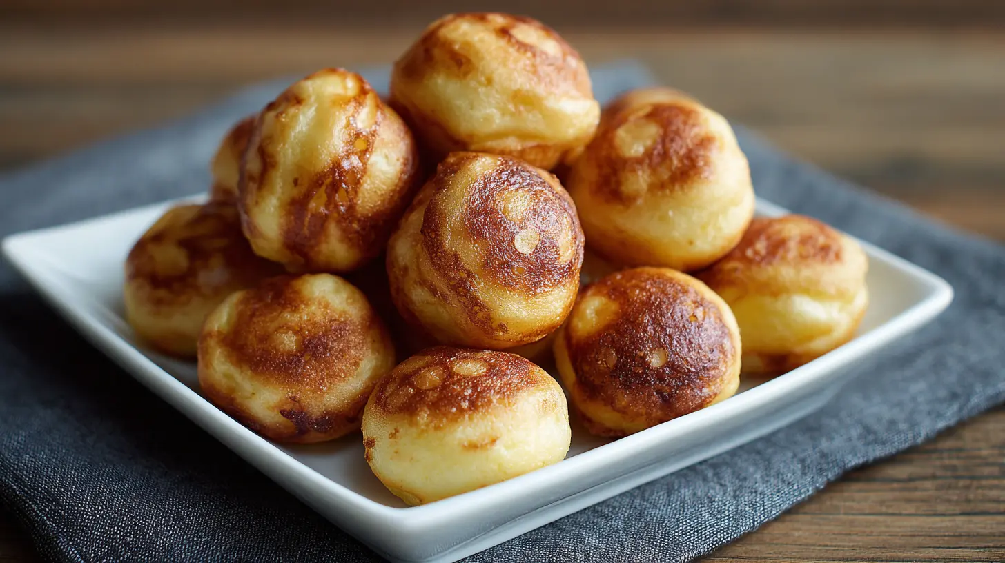 Fluffy Pancake Poppers stacked on a white plate against a white background