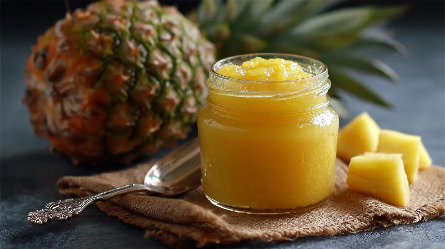 Jar of golden homemade Pineapple Jam Recipe with fresh pineapple slices