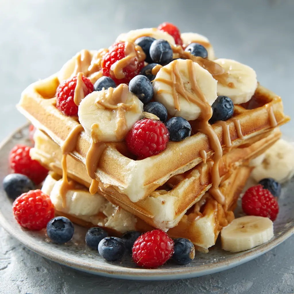 Protein waffle recipe plated with fresh berries and nut butter drizzle