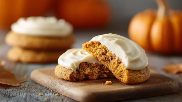 Featured image of Pumpkin Cookies with Cream Cheese Frosting arranged on a rustic board in a warm fall kitchen.