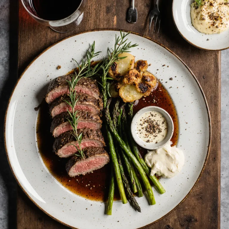 Juicy top sirloin steak slices on a white plate with galic butter and vegetables.