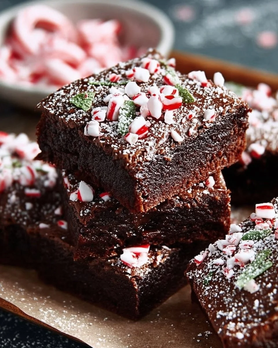 Delicious festive peppermint brownies topped with chocolate and crushed candies