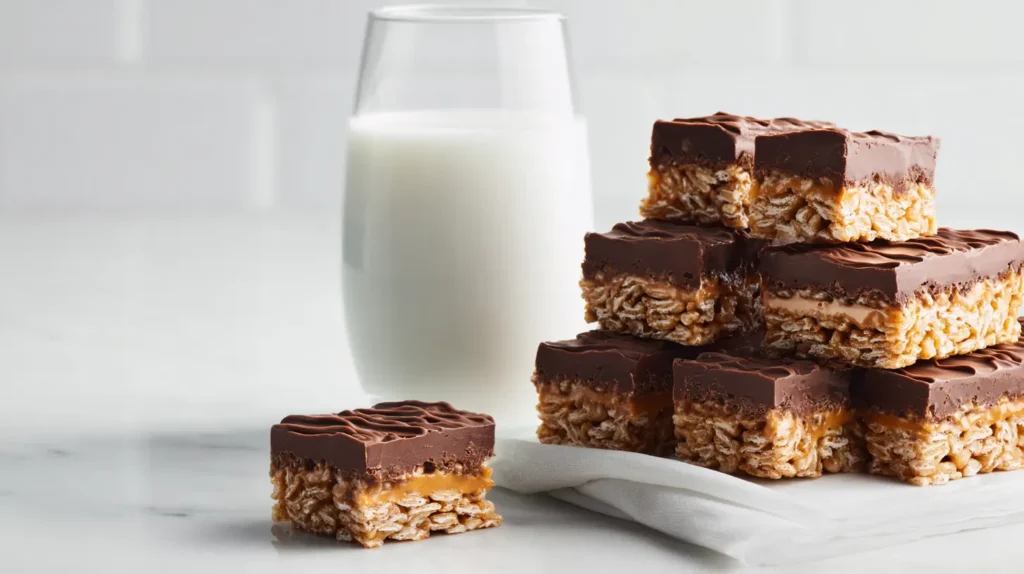 Finished chocolate peanut butter rice krispie treats with milk serving suggestion