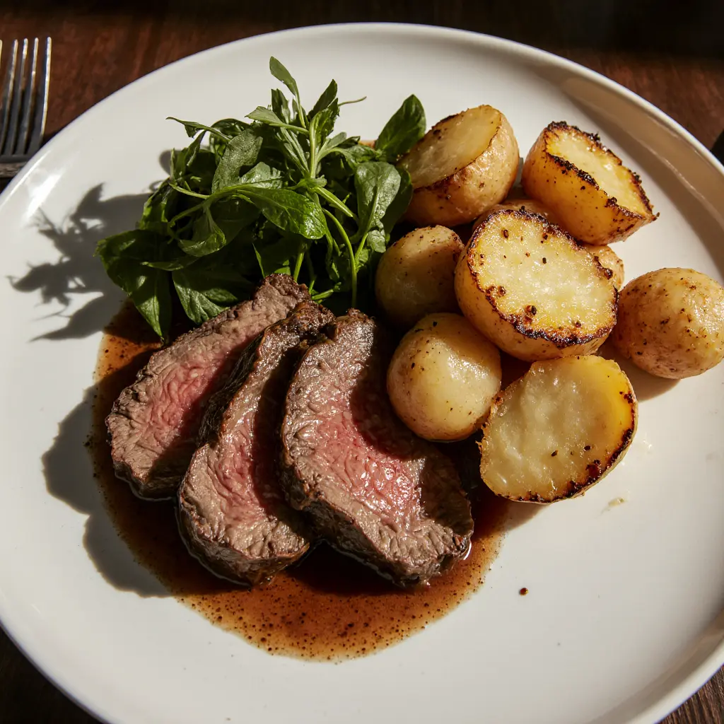Final plated top sirloin steak recipe with potatoes and fresh greens