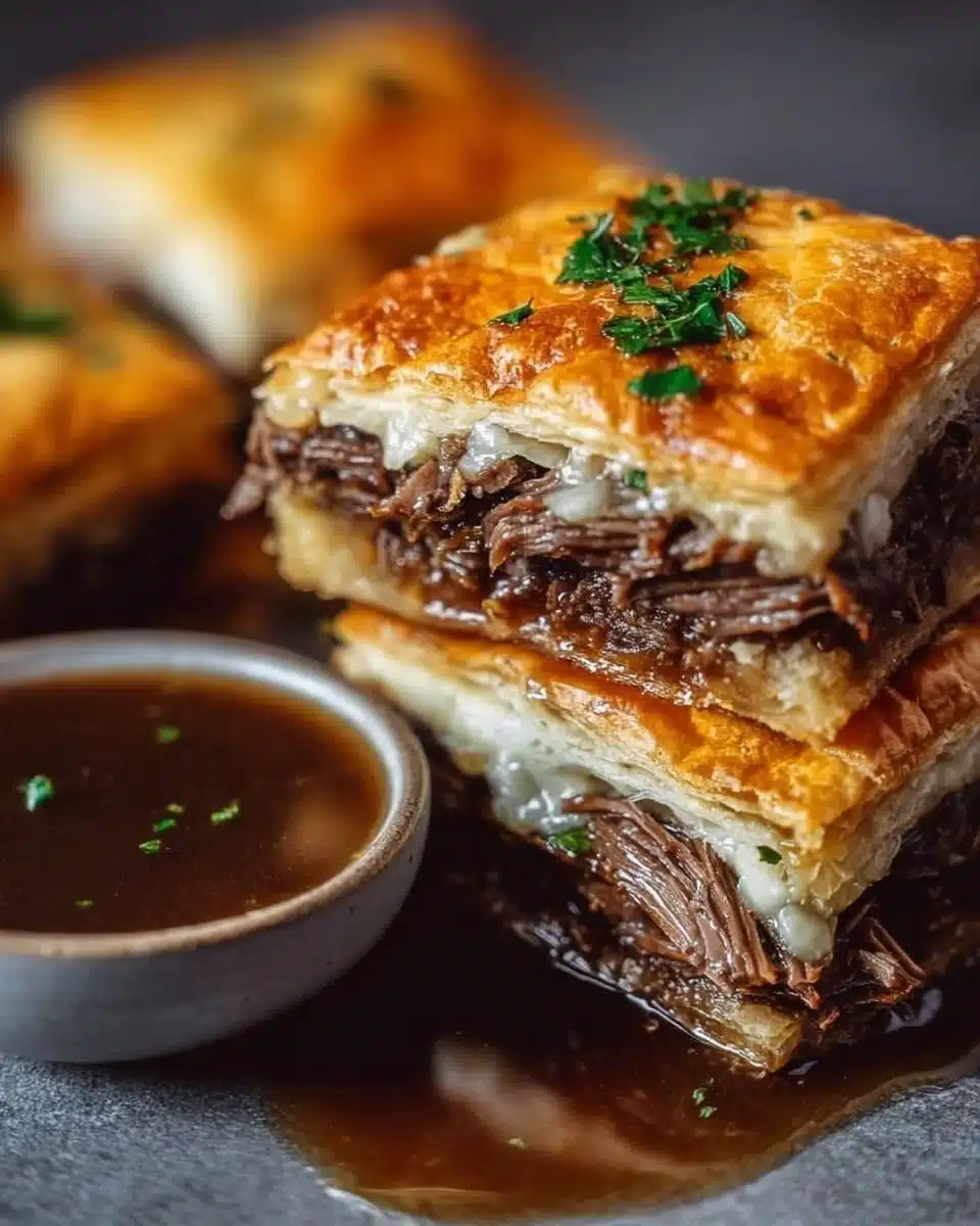 French Dip Squares served on a plate with au jus for dipping