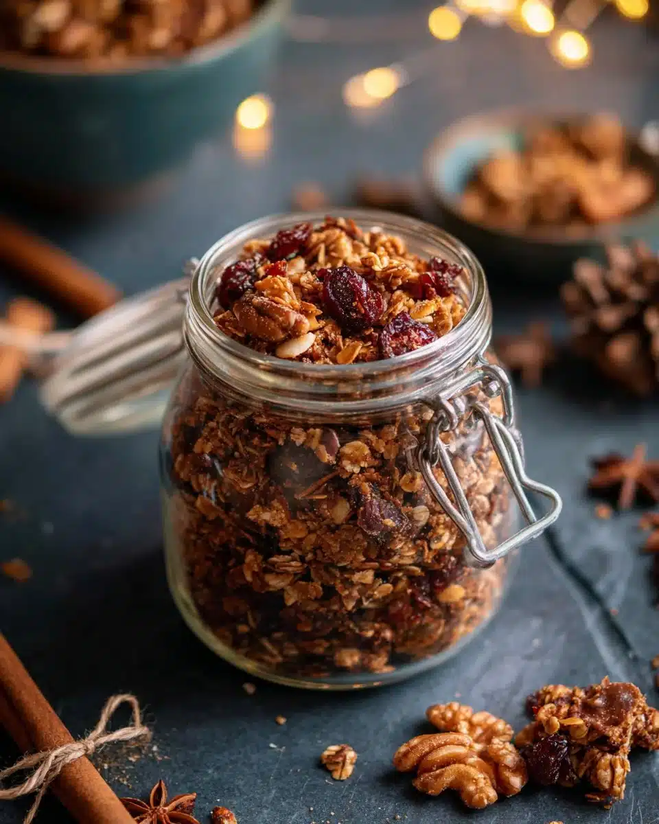 Bowl of gingerbread granola, a vegan and gluten-free snack packed with festive flavors.