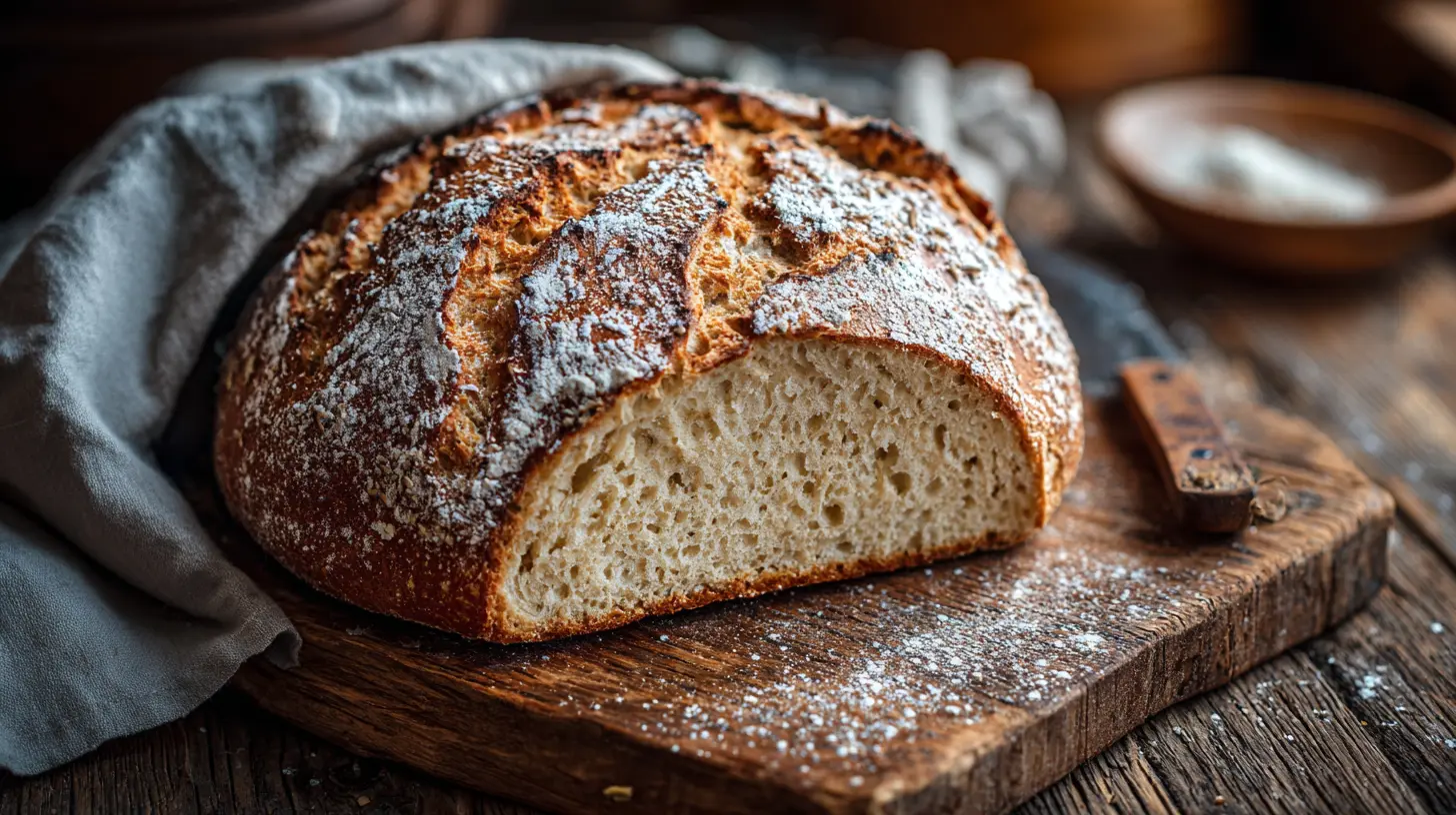 Rustic gluten free bread loaf sliced in half on a wooden board, showing a soft, airy interior and golden crust lightly dusted with flour.